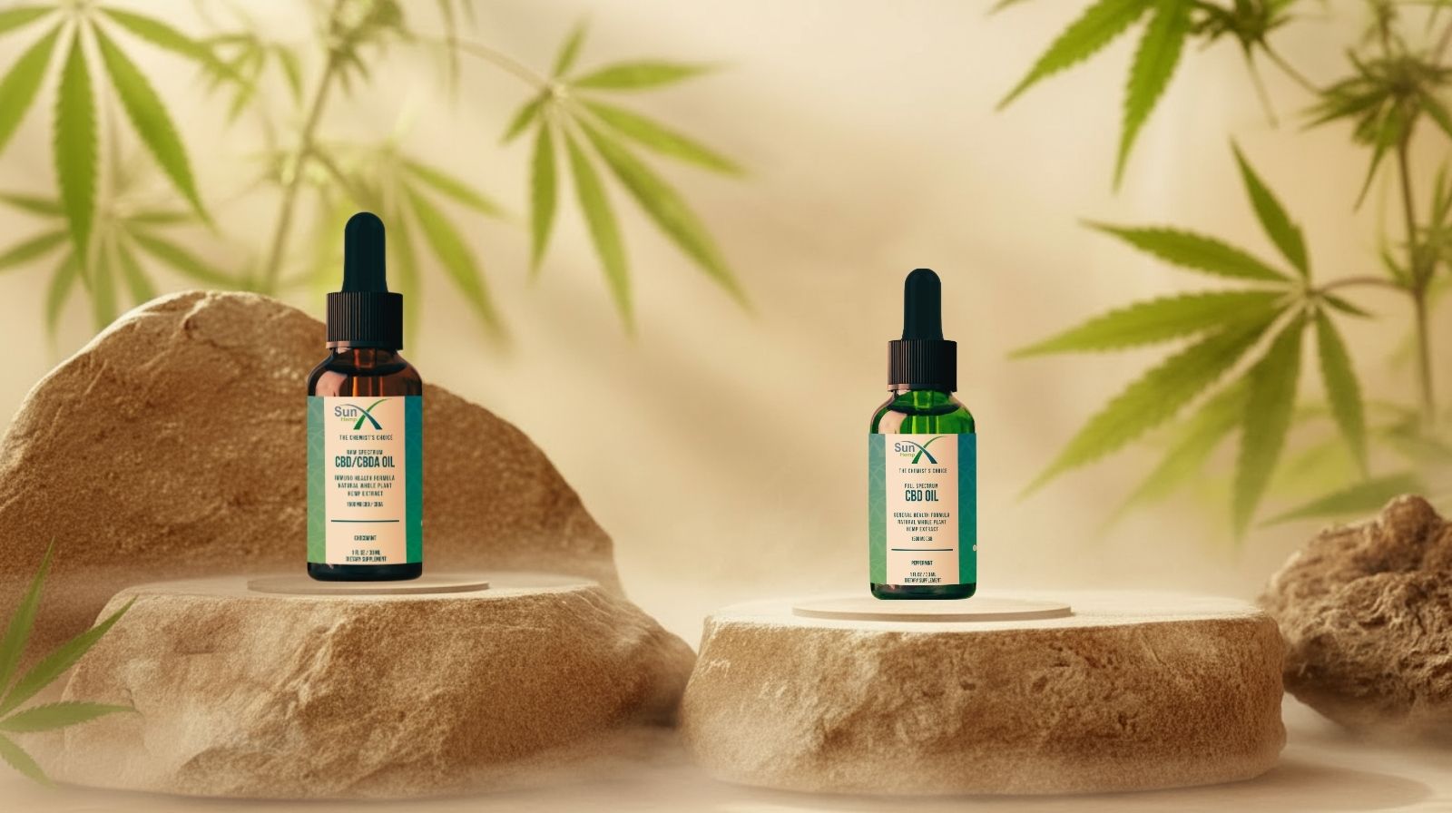 Two  bottles of CBD oil  on stone platforms against a natural background  of hemp leaves.